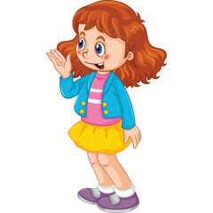 Cartoon girl with wavy ginger hair and blue eyes wearing a pink shirt yellow skirt and blue jacket waving hello with a cheerful expression and a transparent background