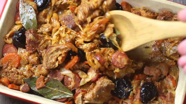 Traditional Polish dish Bigos with cabbage and meat. National cuisine.