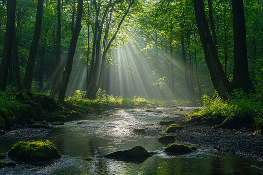 canopy of trees swaying over quiet woodland creek, with sun rays flickering through - Powered by Adobe
