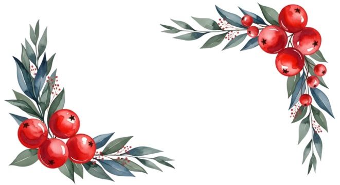 Watercolor corner decoration with red berries and green leaves, isolated on transparent background