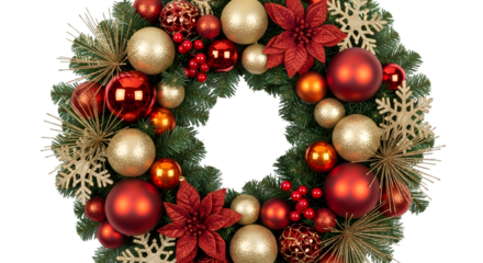 Christmas wreath with red and gold ornaments, poinsettias, snowflakes, and pine branches, isolated on transparent background