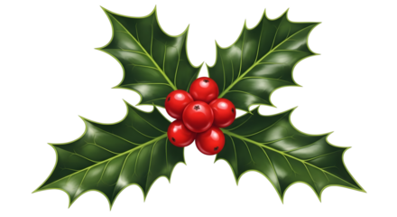 Single holly sprig with red berries, isolated on transparent background