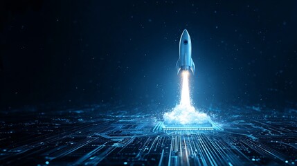 Stunning rocket launching from a futuristic circuit board, symbolizing innovative technology and digital transformation for business success