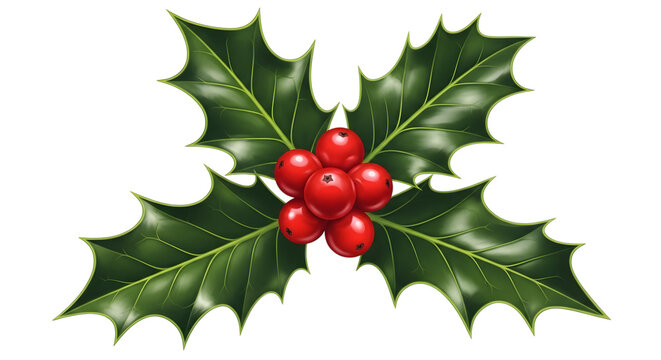 Single holly sprig with red berries, isolated on transparent background