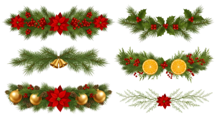 Collection of six christmas garlands featuring pine branches, poinsettias, holly, berries, pinecones, oranges, and bells, isolated on transparent background