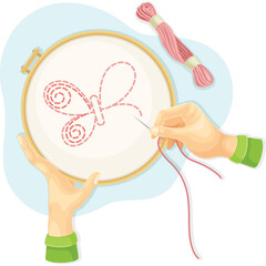 Close Up Of Hands Holding Embroidery Hoop With Pink Thread Butterfly Design Being Stitched On White Fabric With Needle And Spool Of Thread Nearby