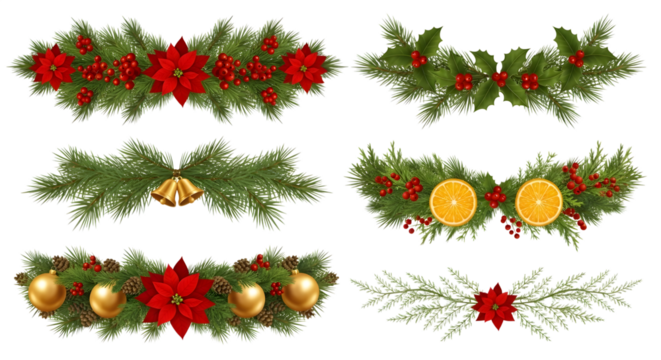 Collection of six christmas garlands featuring pine branches, poinsettias, holly, berries, pinecones, oranges, and bells, isolated on transparent background