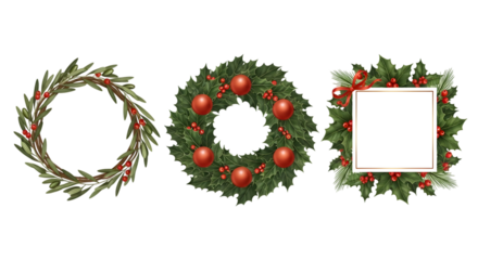 Three christmas decorative elements a green branch wreath, a red ornament wreath, and a square holly frame, isolated on transparent background