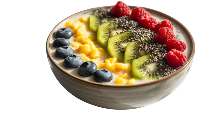 Delicious fruit smoothie bowl with fresh blueberries kiwi raspberries and chia seeds on transparent background