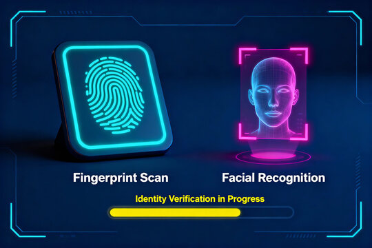 Fingerprint scan and facial recognition technology used for identity verification in progress with futuristic digital interface and glowing neon elements