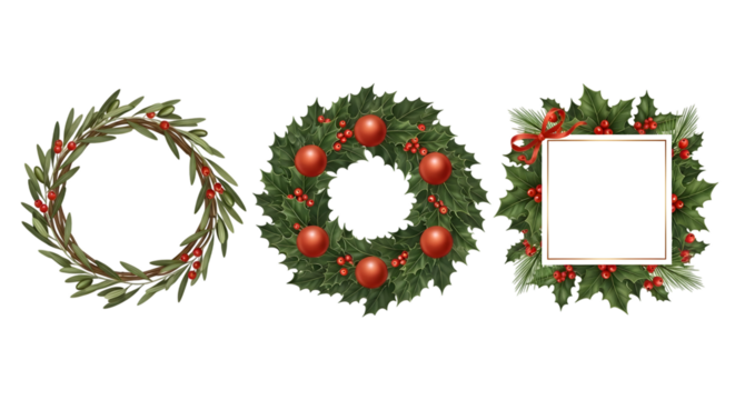 Three christmas decorative elements a green branch wreath, a red ornament wreath, and a square holly frame, isolated on transparent background