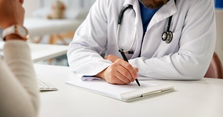 Doctor, hands or writing in office with patient for consultation, symptoms or insurance...