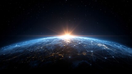 Stunning sunrise over Earth with glowing network connections, perfect for illustrating global communications, technology, and future innovation concepts