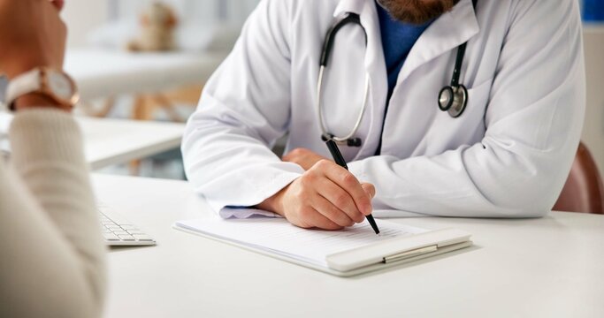 Doctor, hands or writing in office with patient for consultation, symptoms or insurance information. Healthcare worker, taking notes and people in appointment for sickness, medical aid form or admin.