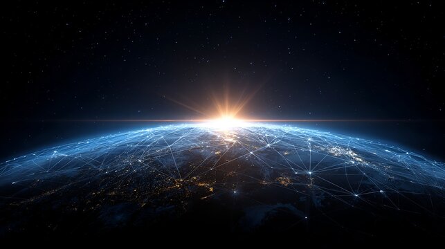 Stunning sunrise over Earth with glowing network connections, perfect for illustrating global communications, technology, and future innovation concepts - Powered by Adobe