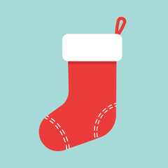 A simple flat design illustration of a red Christmas stocking with a white cuff and a small loop, set against a light blue background.