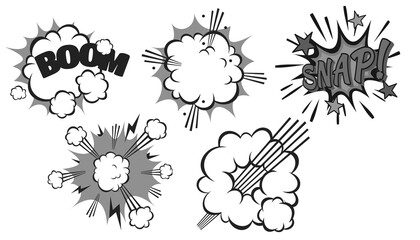 vector PNG set featuring retro comic book sound effects with explosions, smoke clouds, action lines, and bold onomatopoeia text, Perfect for pop art designs, comic book illustrations, graphic novel