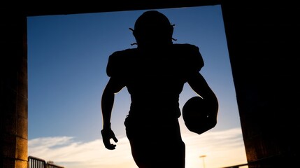 Fototapeta premium As dusk settles, a determined football player strides through the tunnel, clutching the ball tightly. The silhouette captures the energy of the game about to unfold