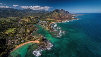 Fototapeta premium Aerial View of Lihue: Stunning Coastal Vista of Kauai's Beach Paradise