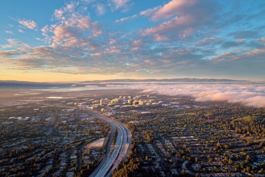 Aerial Sunset Panorama: Scenic View from Skyline Highway over Menlo Park and Stanford University, California