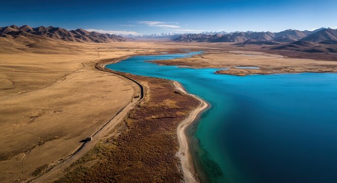 Aerial View of Blue Haba Lake Meet Brown Timberlands in Tibet's Enchanting Nature Landscape