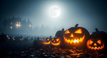 Spooky halloween pumpkins with carved faces glowing with light in a dark, foggy field under a full moon with a haunted house in the background