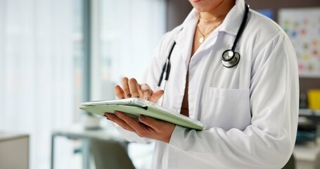 Medical, hands or person in hospital with tablet, research or online review of patient diagnosis....