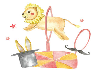 Circus party design for perfomance, invitations, flyers and banners. Circus lion with hair in hat, mustache isolated.