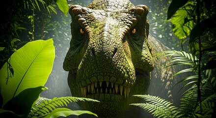 A fearsome tyrannosaurus rex emerges from the dense, lush foliage of a prehistoric jungle, its eyes glowing with primal intensity