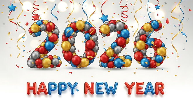 Happy New Year 2026 Celebration with Balloons and Confetti Illustration