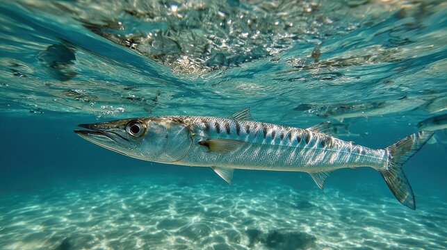 Baracuda in Motion: Fast Sea Fish Swimming Under the Seascape of Mexico