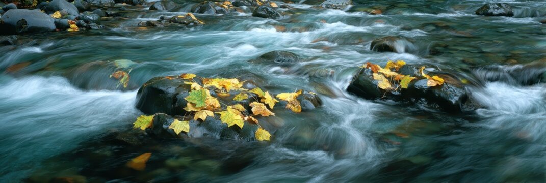 Autumn Serenity at Sol Duc River: Close-Up of Flowing Water and Colorful Leaves in Olympic National Park, Washington