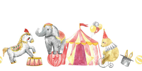 Circus watercolor animals - elephant, horse, bear with hare in hat, tent. Circus background with baby animals.