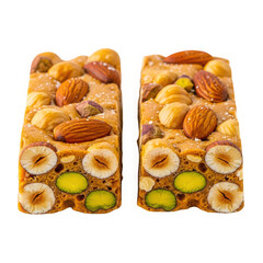 Two nougat bars with nuts isolated on transparent background are displayed
