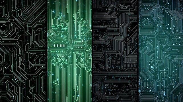 Modern circuit board design in vibrant green hues for technology backgrounds or abstract tech visuals featuring connectivity and digital systems