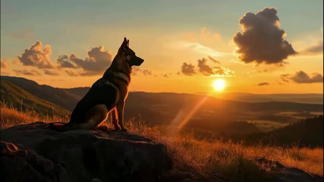 The series of frames depict a dog sitting attentively on a rocky outcrop, gazing towards the horizon during sunset
