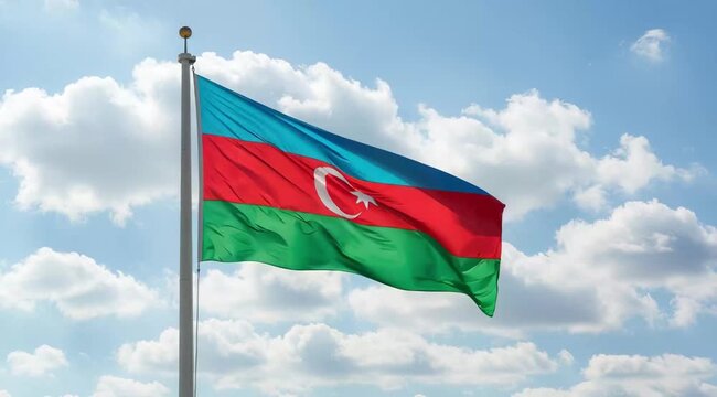 Azerbaijan National Flag Waving on Tall Flagpole in Sky with Clouds Azerbaijan Independence Day Celebration, Patriotism, Freedom, Republic of Azerbaijan Culture & Heritage