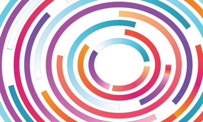 Vibrant abstract background featuring concentric circular arcs in gradient colors of pink, blue, orange, and purple on a white backdrop. 
