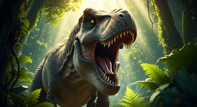 A fierce tyrannosaurus rex roaring in a lush, sundappled prehistoric jungle, surrounded by ancient trees and vibrant foliage, evoking a sense of primal power and the jurassic era