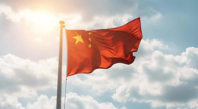 China National Flag Waving on Tall Flagpole in Sky with Clouds Chinese Independence Day Celebration, Patriotism, Freedom, Republic of China Culture & Heritage