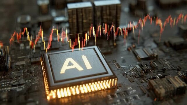 Close-up of an AI chip on a circuit board with glowing pins and a stock-chart style graph hovering above.