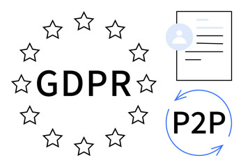GDPR text in a circle of stars, document icon with user profile, and P2P in circular arrows. Ideal for data privacy, security, compliance, regulation, peer-to-peer, digital rights simple flat