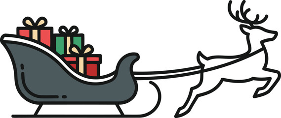 Cartoon illustration of a reindeer pulling a sleigh full of colorful Christmas presents, ready for holiday delivery.