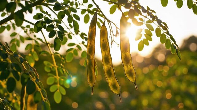 Moringa tree branch with three seed pods hanging amidst small round leaves backlit by sun