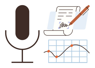 Large microphone, legal document with pen and signature, line graph with data points. Ideal for communication, productivity, analytics, technology, creative workflows, remote work simple flat