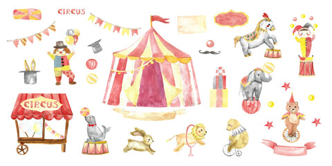 Cute circus baby animals with tents and decorations. Watercolor hand drawn illustration of circus animals - lion, bear, seal, rabbit isolated on white background. Baby clown and acrobat.