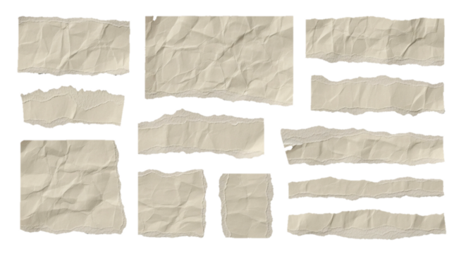 Collection of crumpled and torn paper scraps, offering a textured and aged aesthetic
