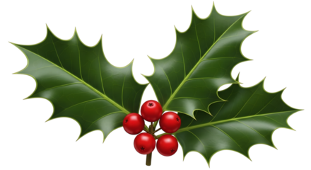 Closeup of a holly leaf with a cluster of small red berries, isolated on transparent background