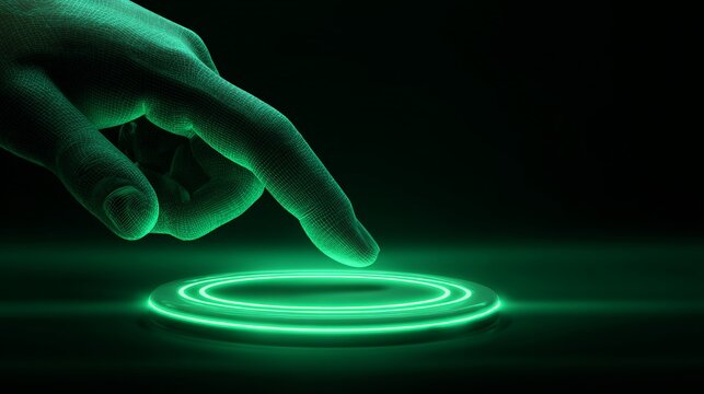 Futuristic digital hand activates glowing green interface, symbolizing innovation and advanced technology interaction