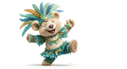 A cute dancing teddy bear wearing a detailed, vibrant carnival costume with blue and gold feathers and expressive joy